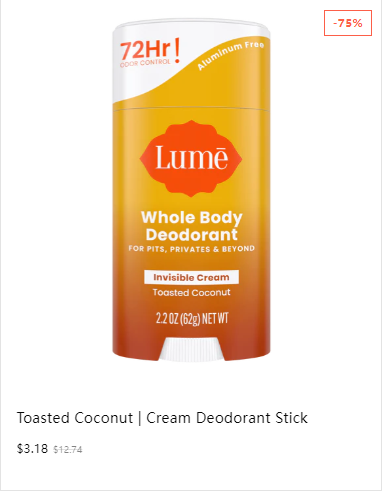 Lume Invisible Cream Deodorant, Toasted Coconut, 2.2oz